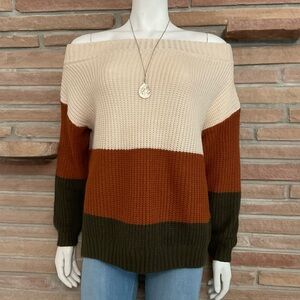 Maisolly Colorblock Off Shoulder Sweater Brown Medium